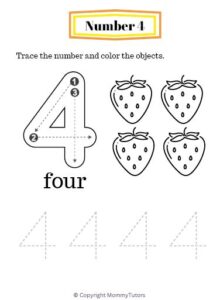 Preschool - Number 4 Tracing and Coloring