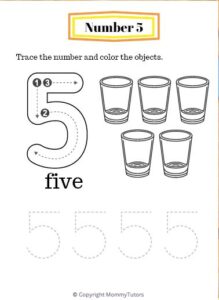 Preschool - Number 5 Tracing and Coloring