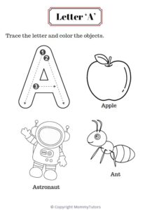 Trace and color the objects with Letter A