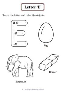 Trace and color the objects with Letter E