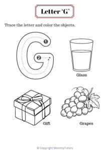 Trace and color the objects with Letter G