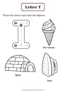 Trace and color the objects with Letter I