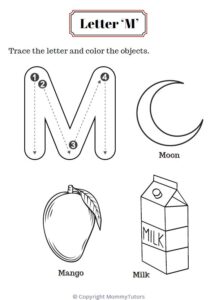 Trace and color the objects with Letter M