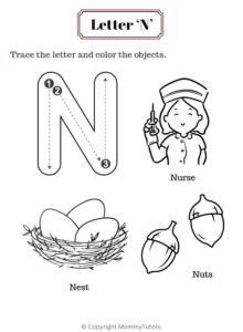 Trace and color the objects with Letter N