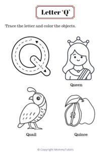 Trace and color the objects with Letter Q