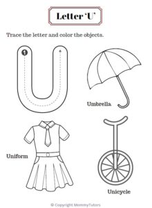 Trace and color the objects with Letter U