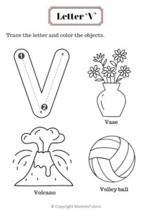 Trace and color the objects with Letter V