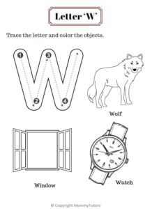 Trace and color the objects with Letter W