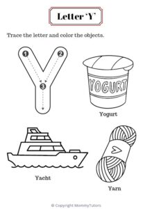 Trace and color the objects with Letter Y