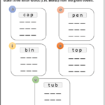 CVC word worksheet for 'cat', 'dog', and 'sun'