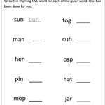 CVC word worksheet for 'cat', 'dog', and 'sun'