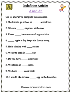 Indefinite Articles - A and An (Sentences)