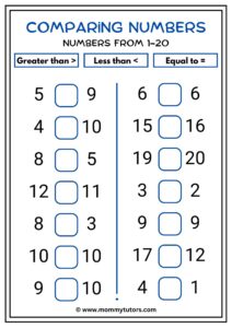 Comparing numbers - Greater,less,equal 1-20