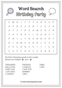 Word Search - Birthday Party