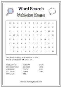 Word Search - Vehicles Name